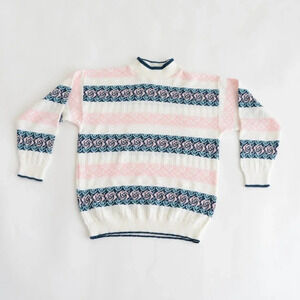 Vintage White  with Pink & Blue Floral Design Mock Neck Knit Sweater